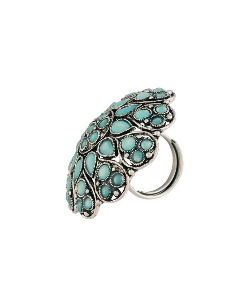Silver Oxidized Sky Blue Kundan Work Designer Adjustable Finger Ring for Women 