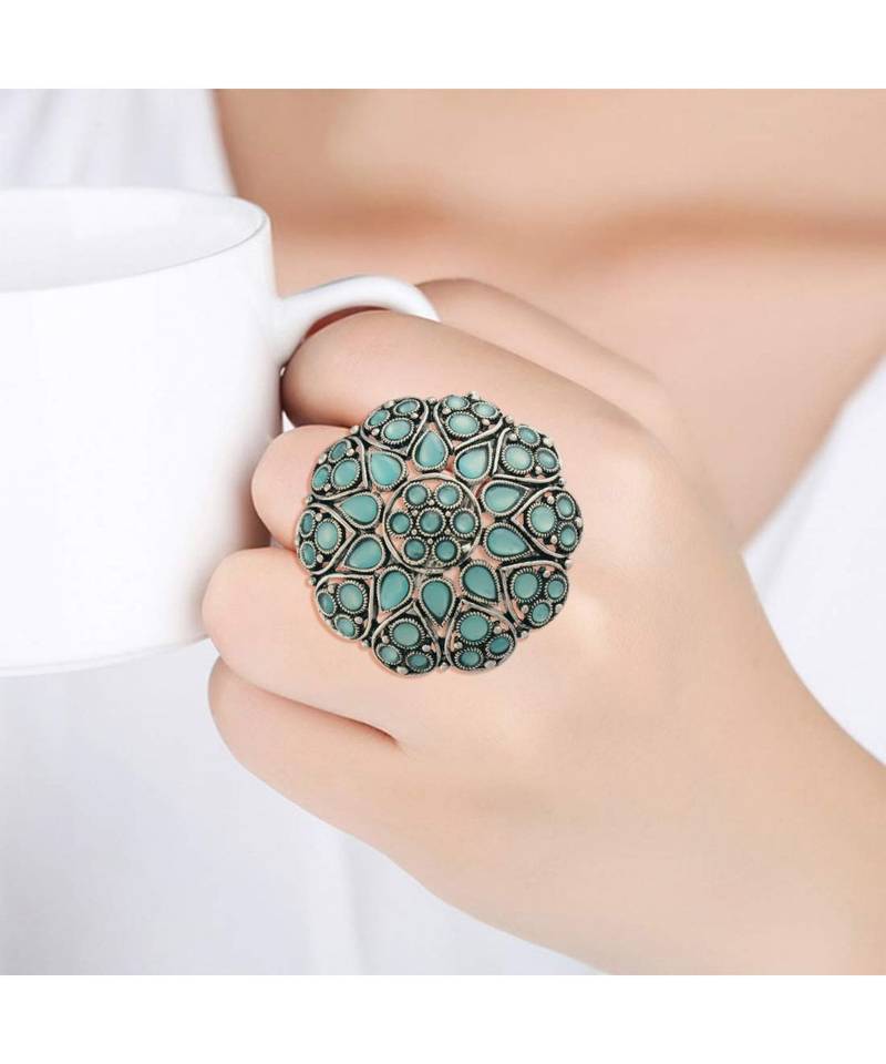 Silver Oxidized Sky Blue Kundan Work Designer Adjustable Finger Ring for Women 