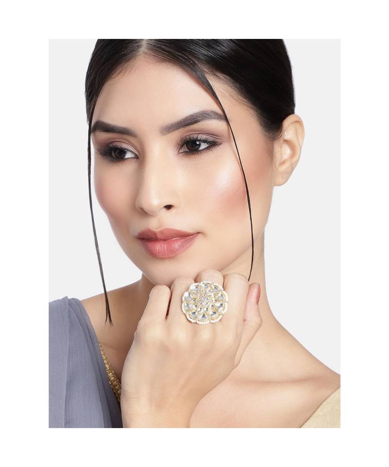 Traditional White Kundan & Pearl Studded Adjustable Finger Ring for Women (FL207W)