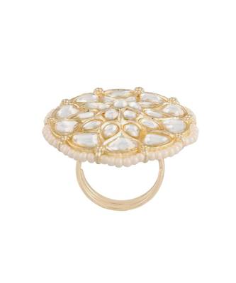 Traditional White Kundan & Pearl Studded Adjustable Finger Ring for Women (FL207W) 3