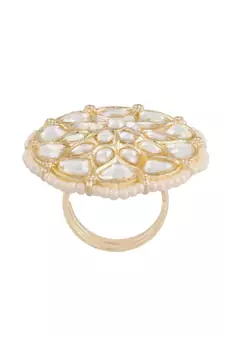 Traditional White Kundan & Pearl Studded Adjustable Finger Ring for Women (FL207W)