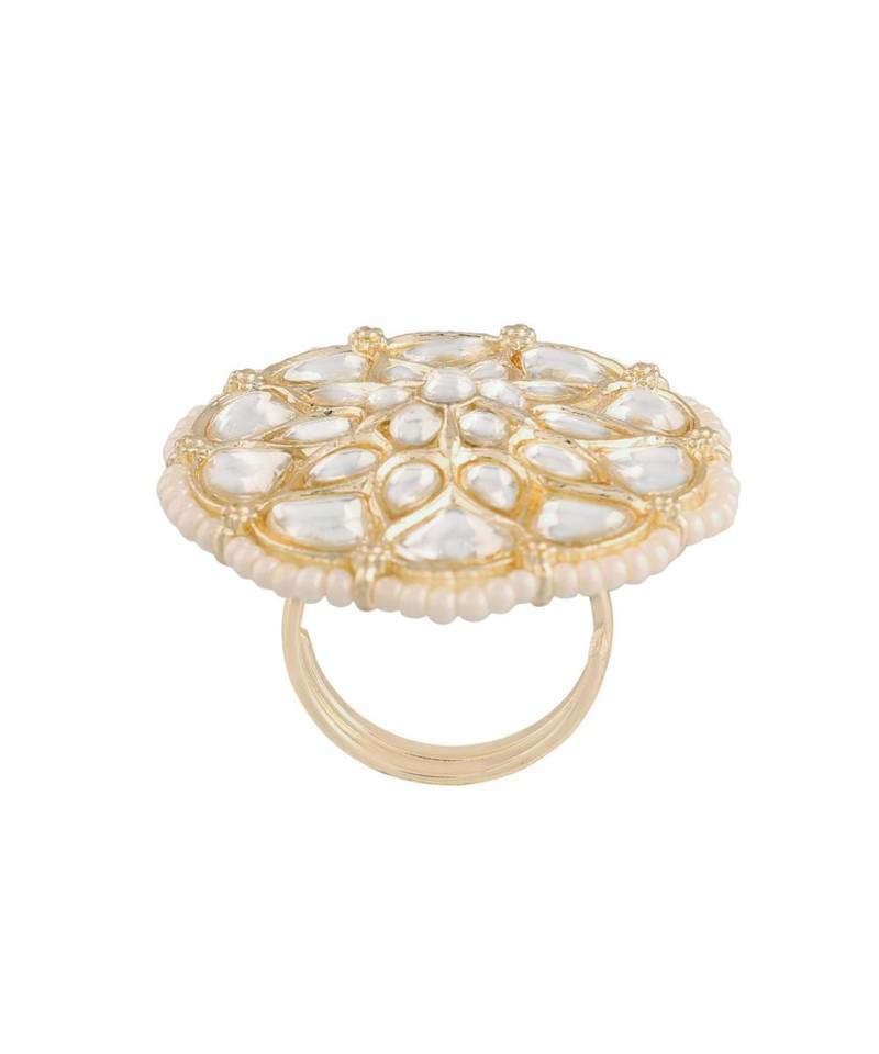 Traditional White Kundan & Pearl Studded Adjustable Finger Ring for Women (FL207W)