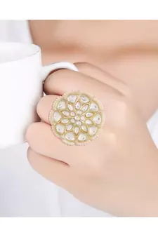 Traditional White Kundan & Pearl Studded Adjustable Finger Ring for Women (FL207W)