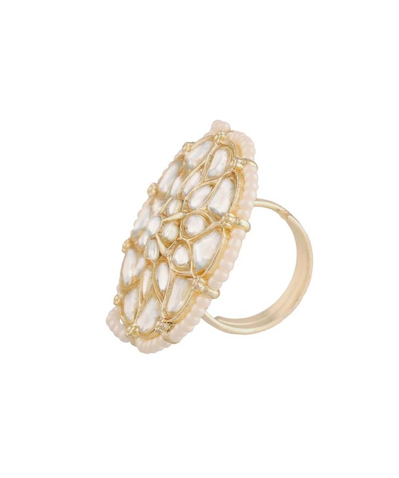 Traditional White Kundan & Pearl Studded Adjustable Finger Ring for Women (FL207W)