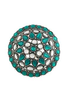 Silver Oxidized Green Kundan Work Designer Adjustable Finger Ring for Women (FL208G)