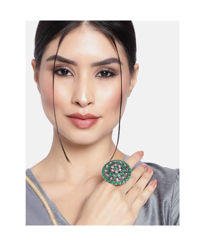 Silver Oxidized Green Kundan Work Designer Adjustable Finger Ring for Women 