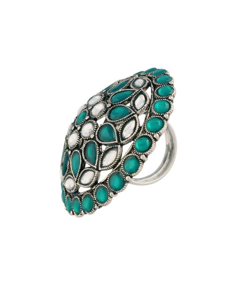 Silver Oxidized Green Kundan Work Designer Adjustable Finger Ring for Women 
