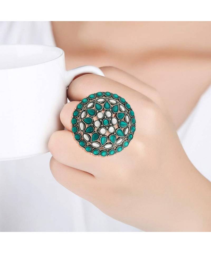 Silver Oxidized Green Kundan Work Designer Adjustable Finger Ring for Women 