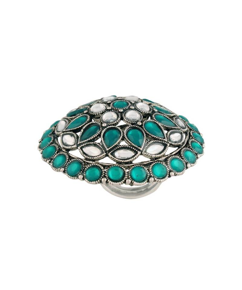 Silver Oxidized Green Kundan Work Designer Adjustable Finger Ring for Women 