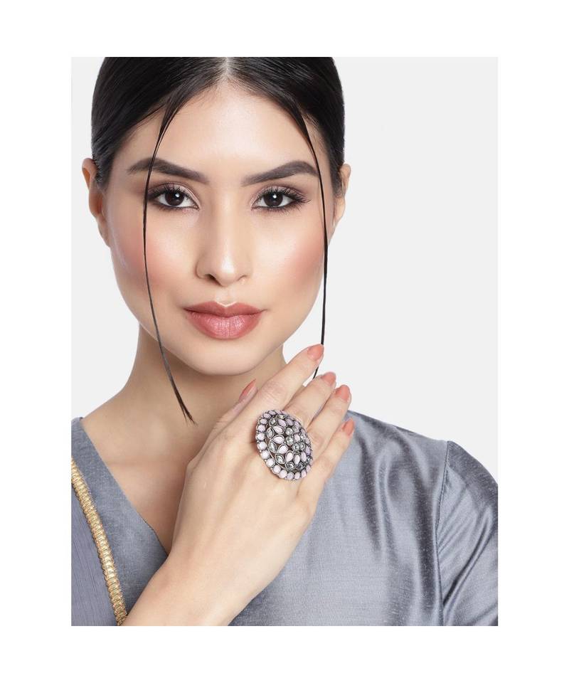Silver Oxidized Pink Kundan Work Designer Adjustable Finger Ring for Women 