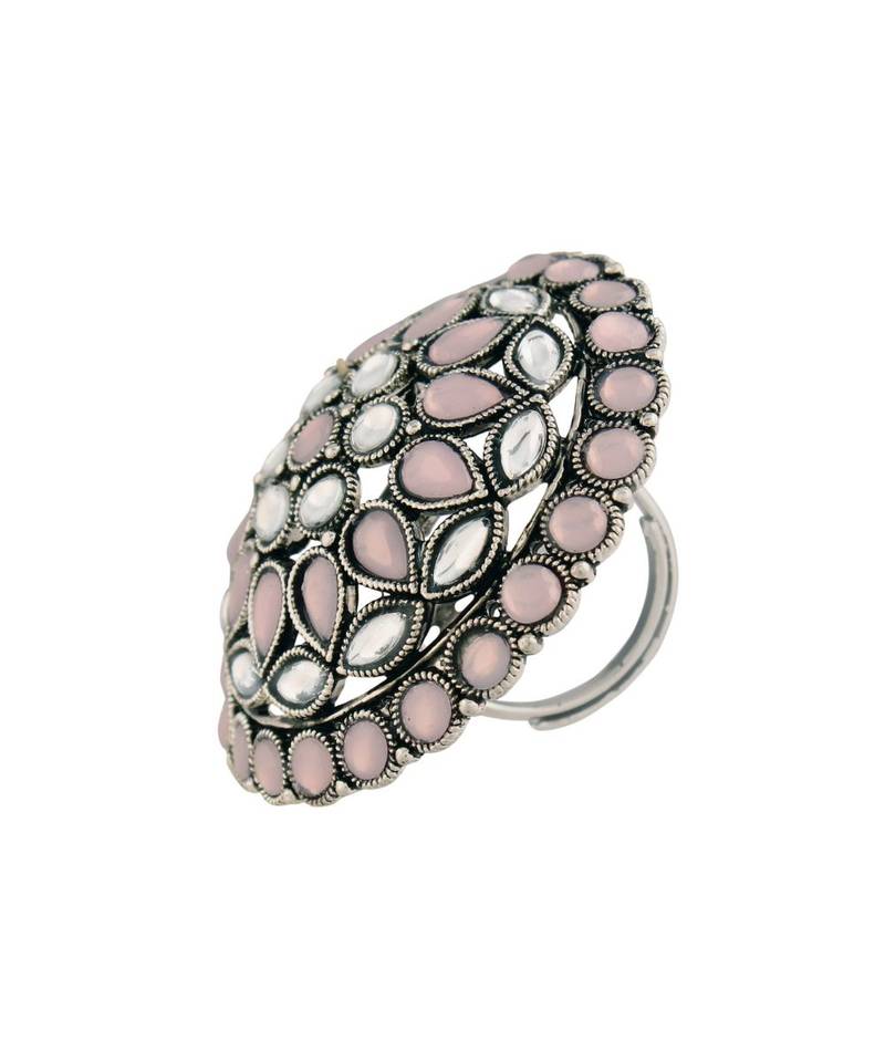 Silver Oxidized Pink Kundan Work Designer Adjustable Finger Ring for Women 