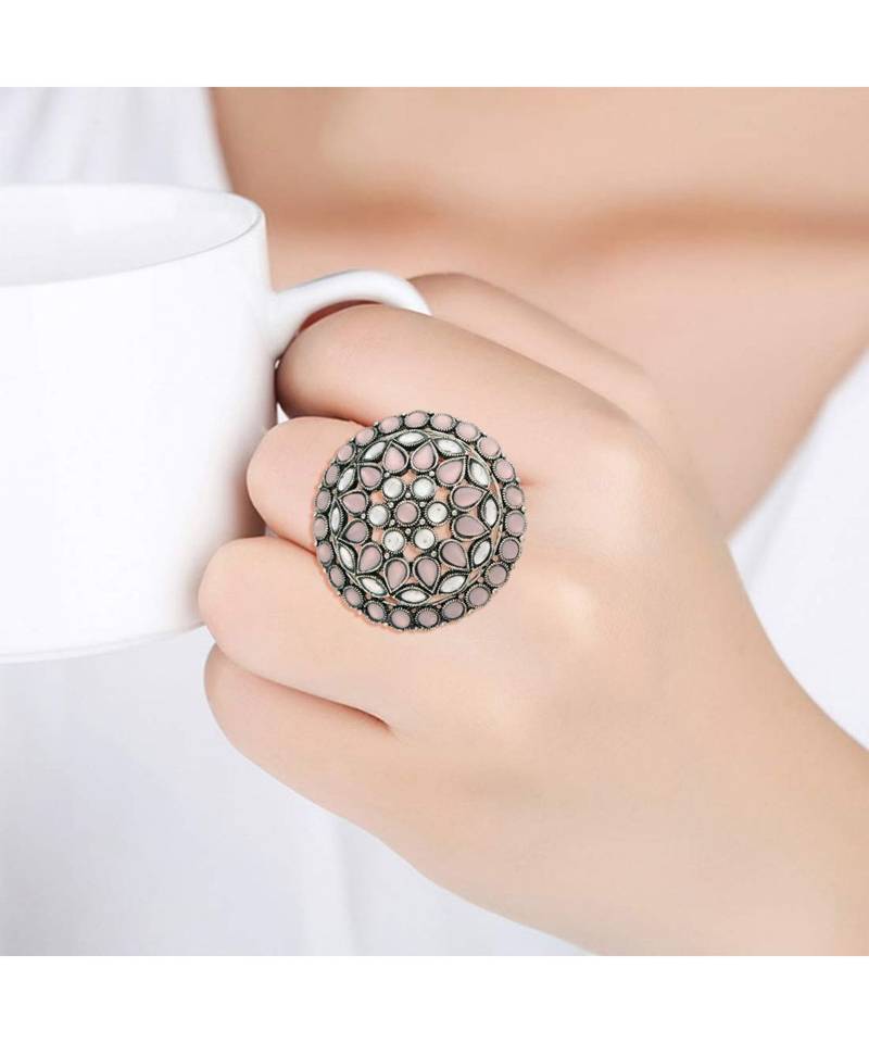 Silver Oxidized Pink Kundan Work Designer Adjustable Finger Ring for Women 