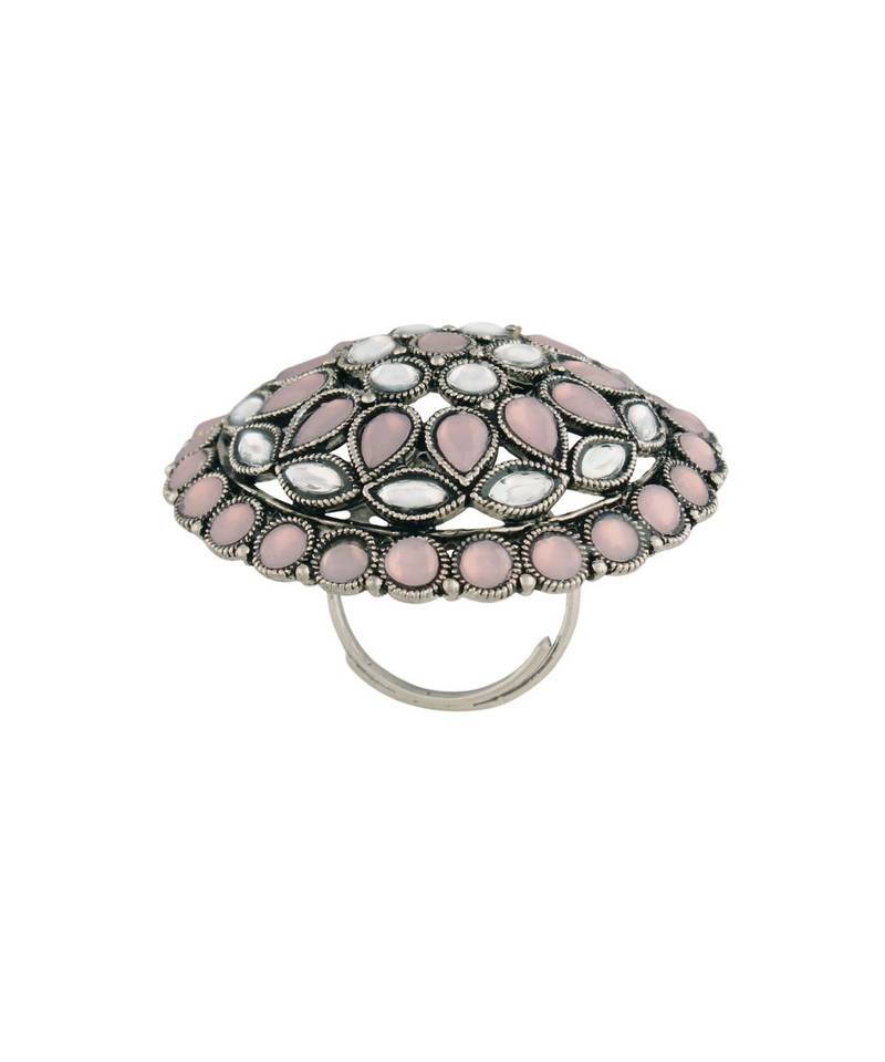 Silver Oxidized Pink Kundan Work Designer Adjustable Finger Ring for Women 