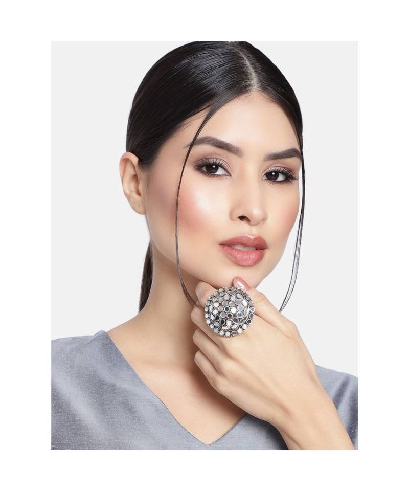 Silver Oxidized Mirror Designer Adjustable Finger Ring for Women 