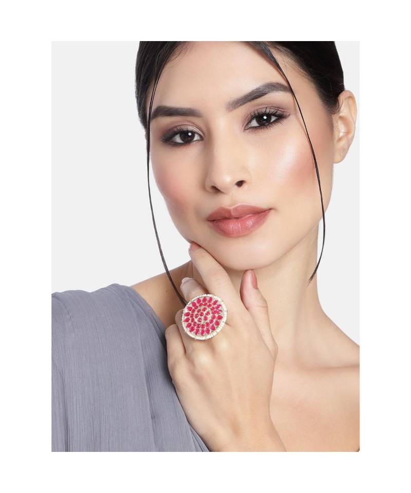 Traditional Pink Kundan & Pearl Studded Adjustable Finger Ring for Women 