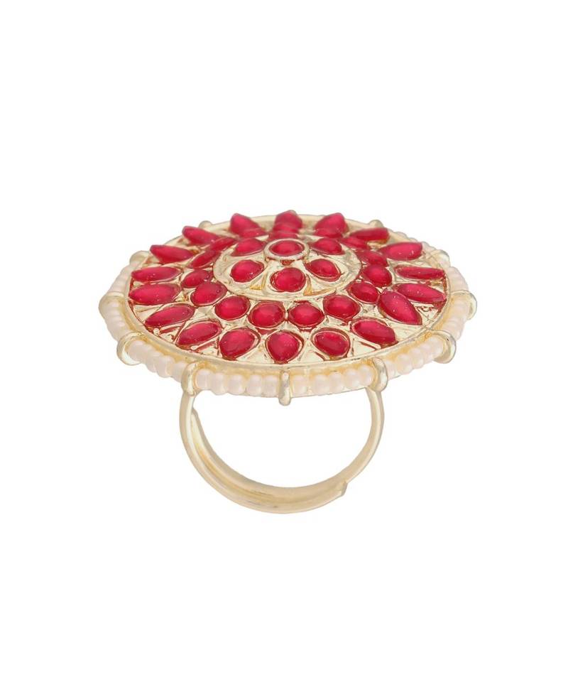 Traditional Pink Kundan & Pearl Studded Adjustable Finger Ring for Women 