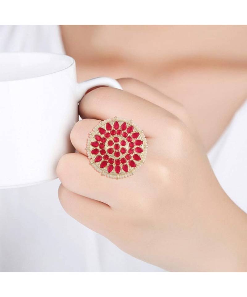Traditional Pink Kundan & Pearl Studded Adjustable Finger Ring for Women 
