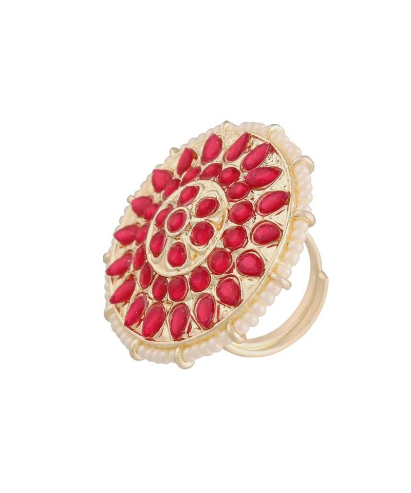 Traditional Pink Kundan & Pearl Studded Adjustable Finger Ring for Women 