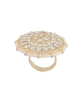  Traditional White Kundan & Pearl Studded Adjustable Finger Ring for Women  3