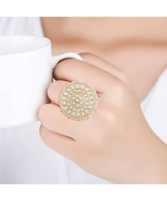  Traditional White Kundan & Pearl Studded Adjustable Finger Ring for Women  4