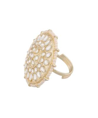 Traditional White Kundan & Pearl Studded Adjustable Finger Ring for Women  5