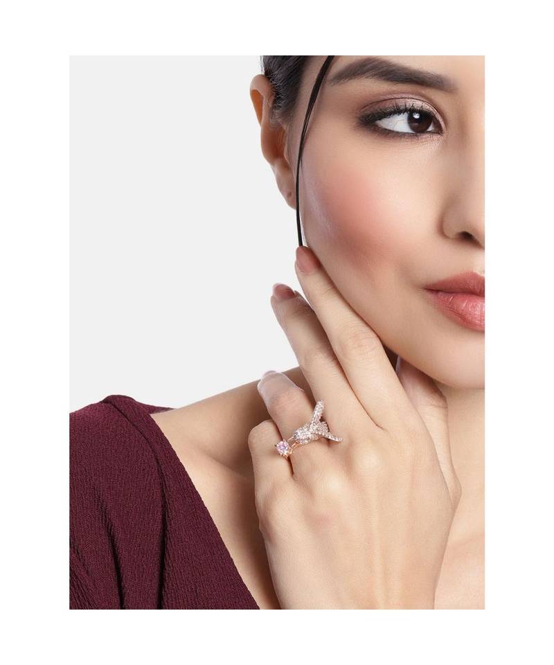 Rose Gold Plated Elegant Crystal CZ American Diamond Sparkling Adjustable Birds Finger Ring for Women 