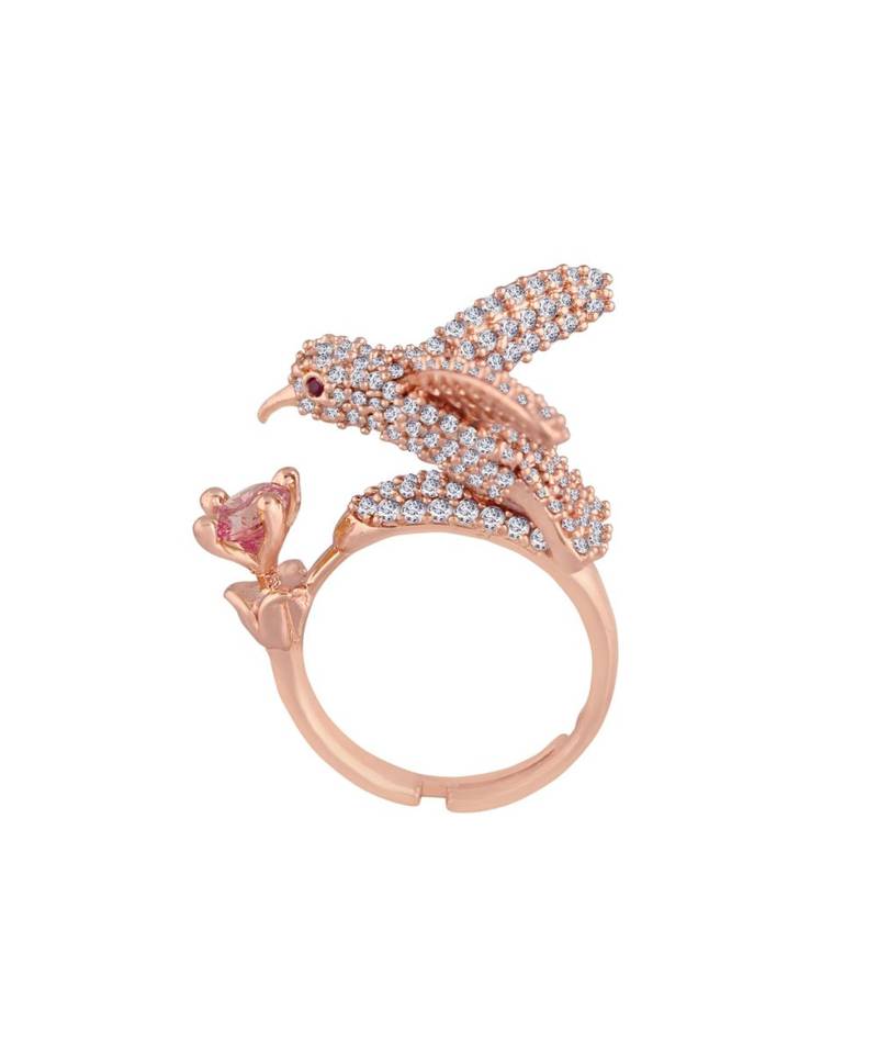Rose Gold Plated Elegant Crystal CZ American Diamond Sparkling Adjustable Birds Finger Ring for Women 