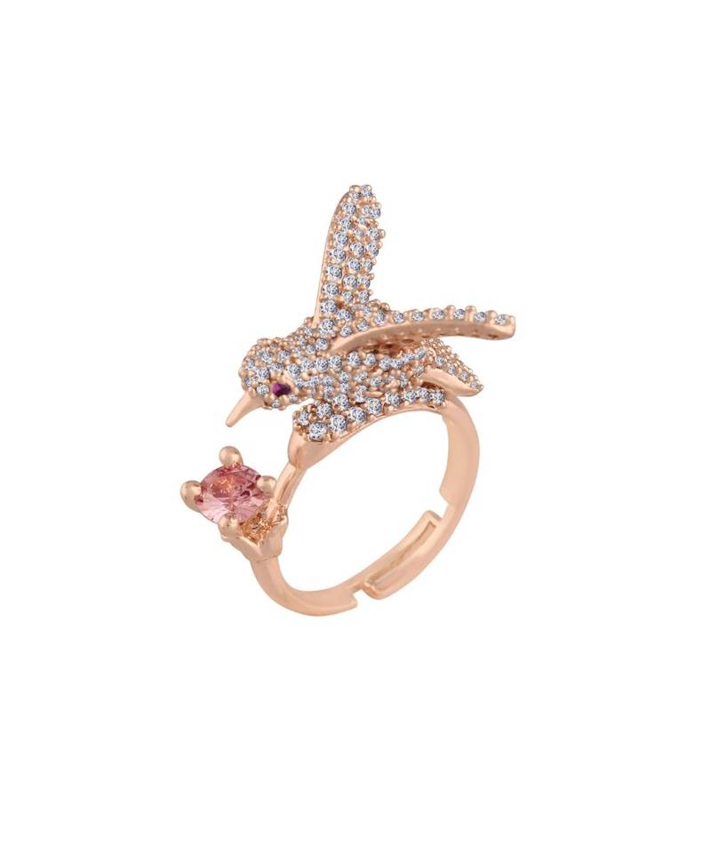 Rose Gold Plated Elegant Crystal CZ American Diamond Sparkling Adjustable Birds Finger Ring for Women 