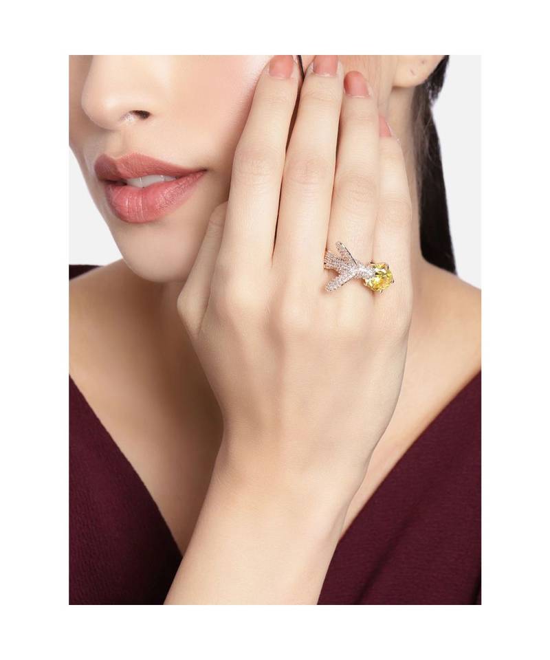 Rose Gold Plated Elegant Crystal CZ American Diamond Sparkling Adjustable Birds Finger Ring for Women 