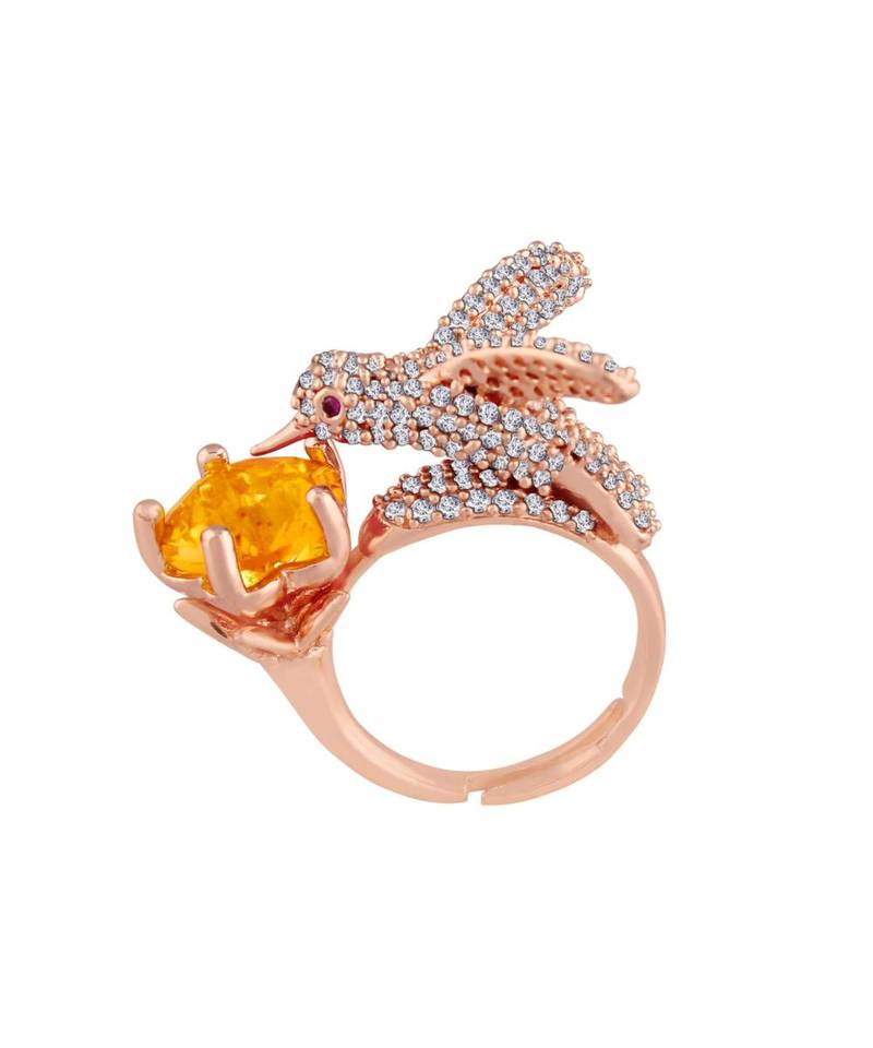 Rose Gold Plated Elegant Crystal CZ American Diamond Sparkling Adjustable Birds Finger Ring for Women 