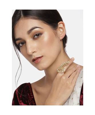 Traditional Kundan & Pearl Studded Peacock Inspired Adjustable Finger Ring For Women (FL194W) 2