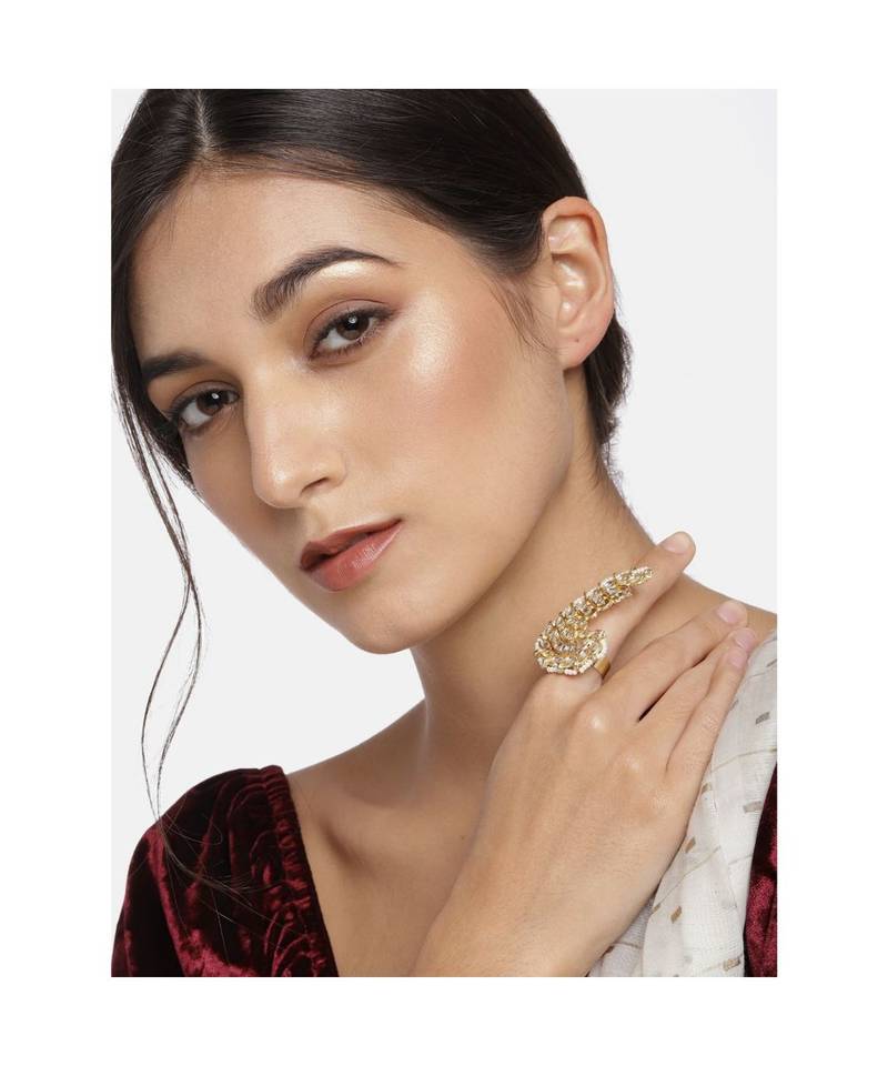 Traditional Kundan & Pearl Studded Peacock Inspired Adjustable Finger Ring For Women (FL194W)