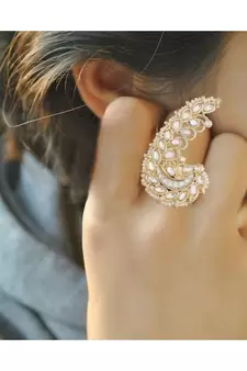 Traditional Kundan & Pearl Studded Peacock Inspired Adjustable Finger Ring For Women (FL194W)