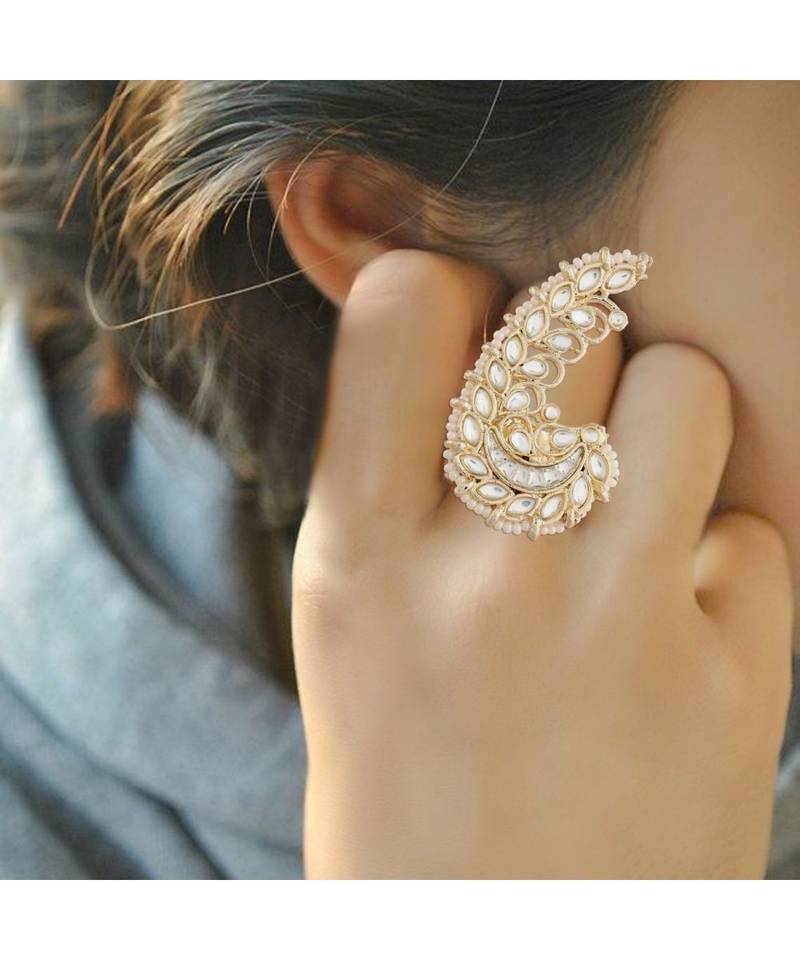 Traditional Kundan & Pearl Studded Peacock Inspired Adjustable Finger Ring For Women (FL194W)