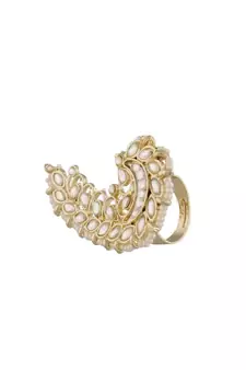 Traditional Kundan & Pearl Studded Peacock Inspired Adjustable Finger Ring For Women (FL194W)