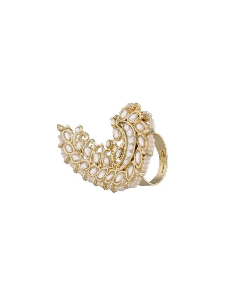 Traditional Kundan & Pearl Studded Peacock Inspired Adjustable Finger Ring For Women (FL194W)