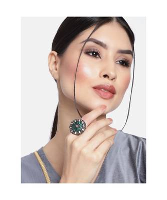 Silver Oxidized Kundan Work Designer Adjustable Finger Ring for Women  1
