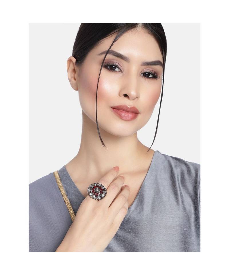 Silver Oxidized Kundan Work Designer Adjustable Finger Ring for Women 