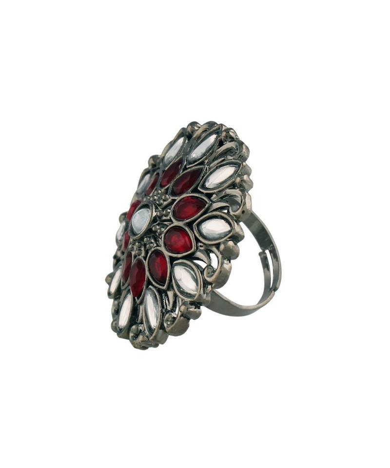 Silver Oxidized Kundan Work Designer Adjustable Finger Ring for Women 