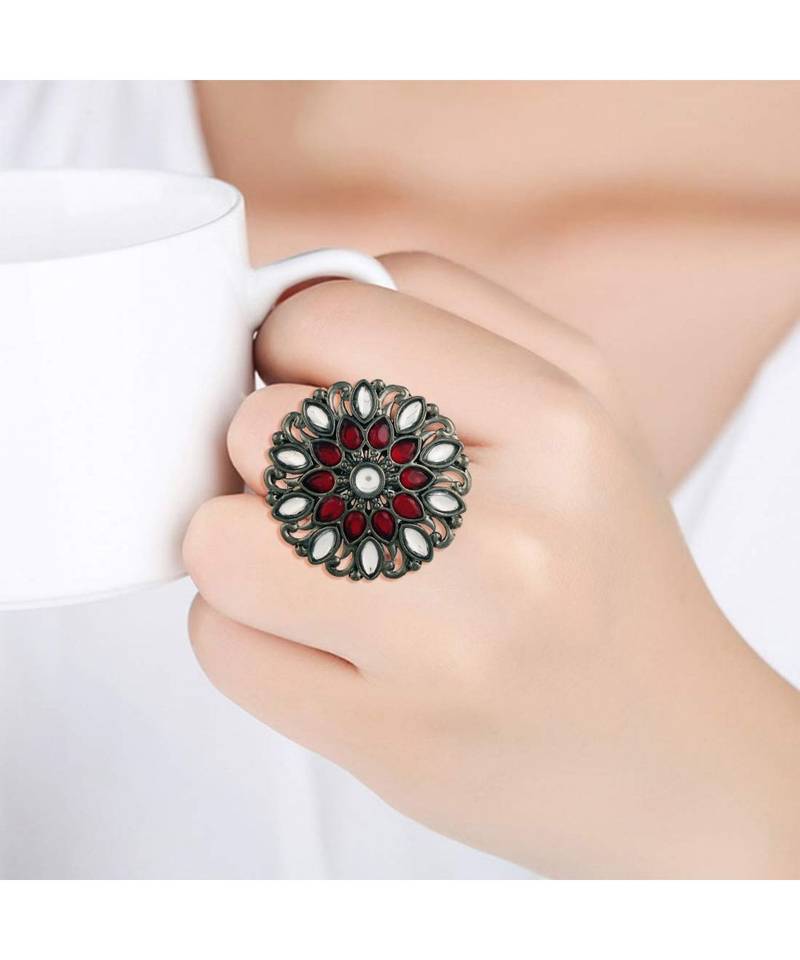 Silver Oxidized Kundan Work Designer Adjustable Finger Ring for Women 