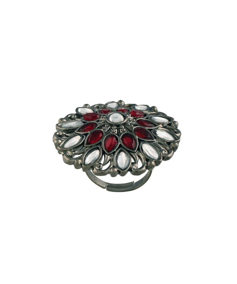Silver Oxidized Kundan Work Designer Adjustable Finger Ring for Women 