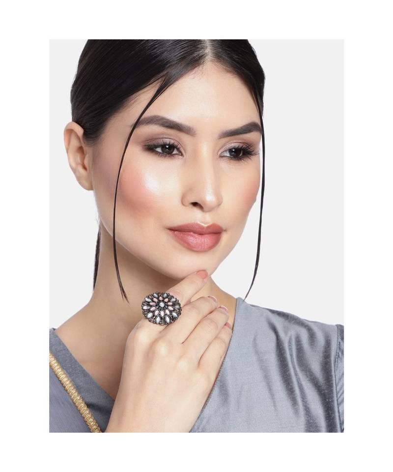 Silver Oxidized Kundan Work Designer Adjustable Finger Ring for Women 