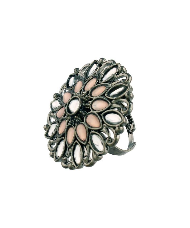 Silver Oxidized Kundan Work Designer Adjustable Finger Ring for Women 