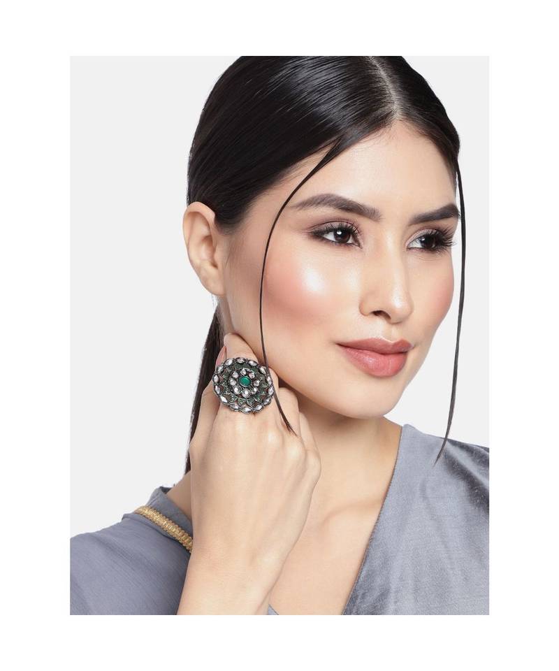 Silver Oxidized Kundan Studded Meena Work Designer Adjustable Finger Ring for Women 