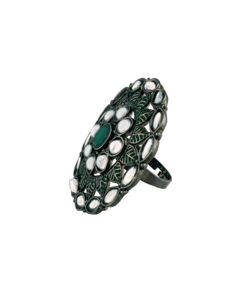 Silver Oxidized Kundan Studded Meena Work Designer Adjustable Finger Ring for Women 