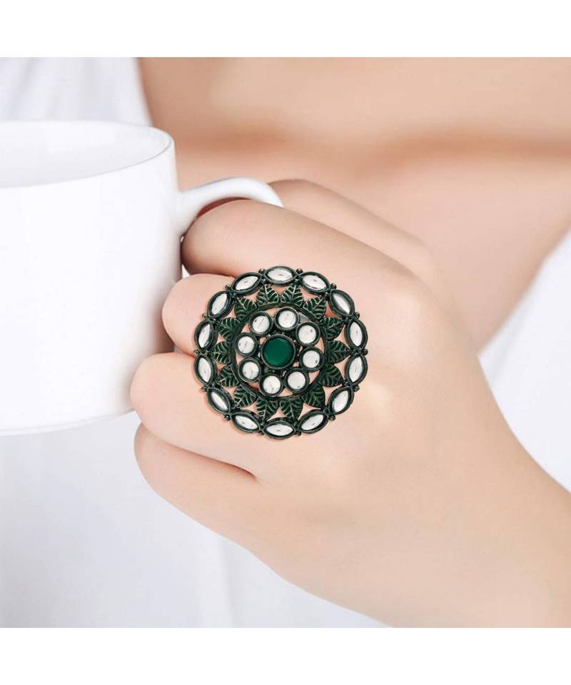 Silver Oxidized Kundan Studded Meena Work Designer Adjustable Finger Ring for Women 
