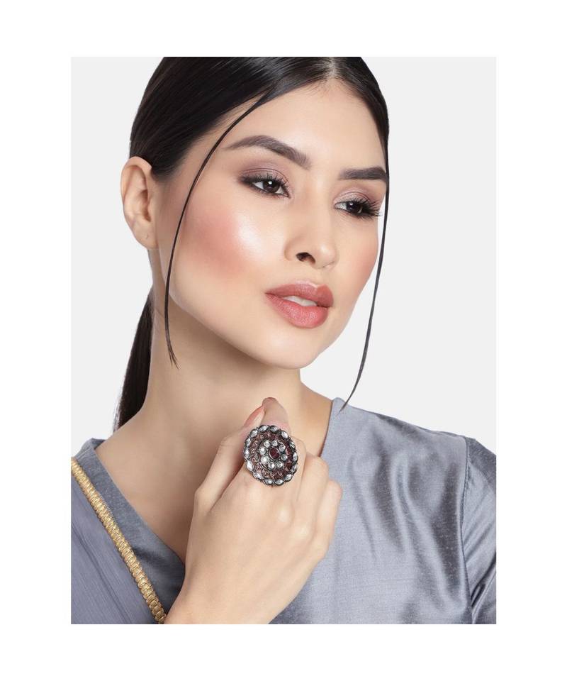 Silver Oxidized Kundan Studded Meena Work Designer Adjustable Finger Ring for Women 