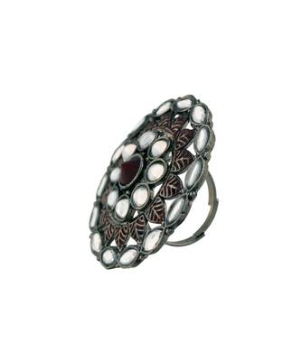 Silver Oxidized Kundan Studded Meena Work Designer Adjustable Finger Ring for Women  3