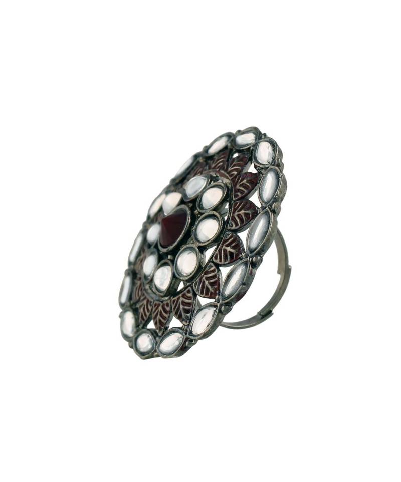 Silver Oxidized Kundan Studded Meena Work Designer Adjustable Finger Ring for Women 