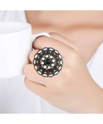 Silver Oxidized Kundan Studded Meena Work Designer Adjustable Finger Ring for Women  4